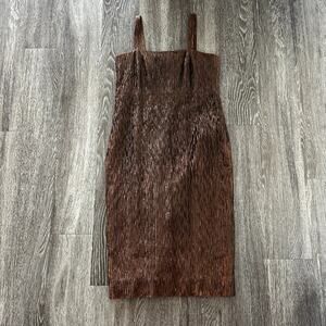 Vintage Fendi 365 Italy Brown Plisse Ruched Midi Dress 44 Textured Strap Dress